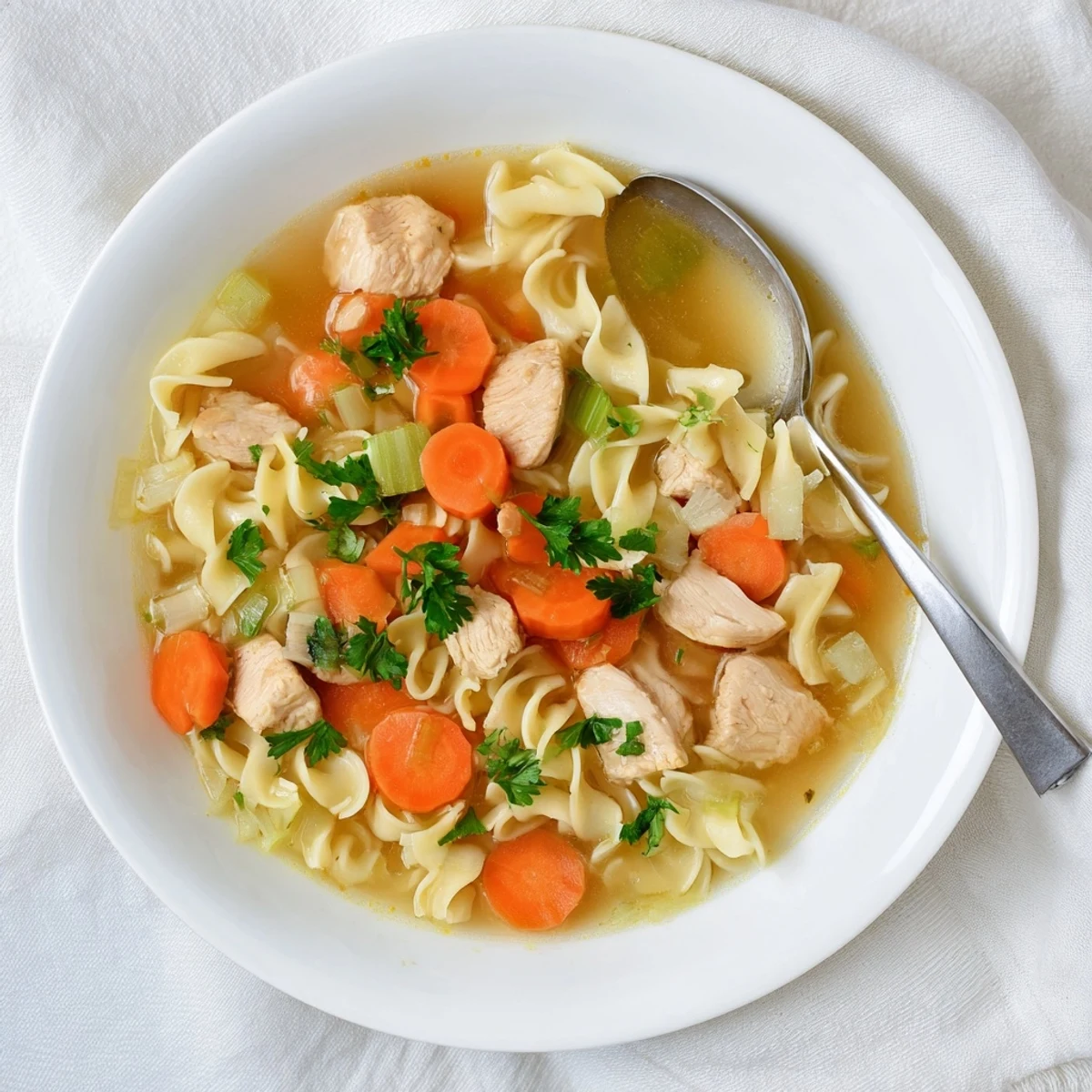 Hearty one pot chicken and noodles dish with carrots, celery, and perfectly cooked wide noodles in a pot