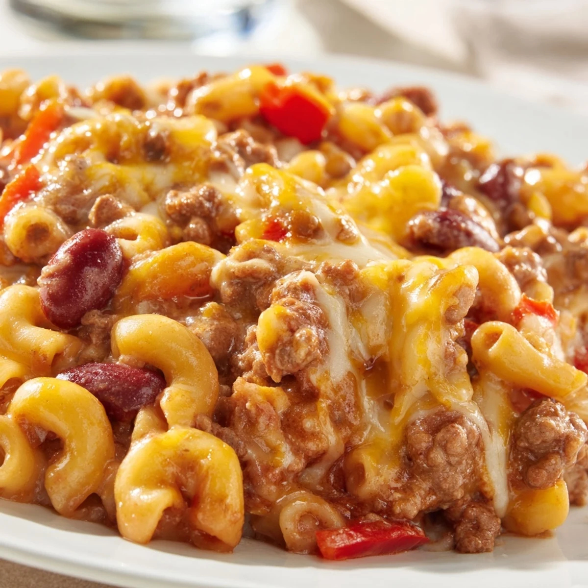 Bubbling Chili Mac and Cheese with melted cheddar atop beef and kidney beans in a rich tomato sauce