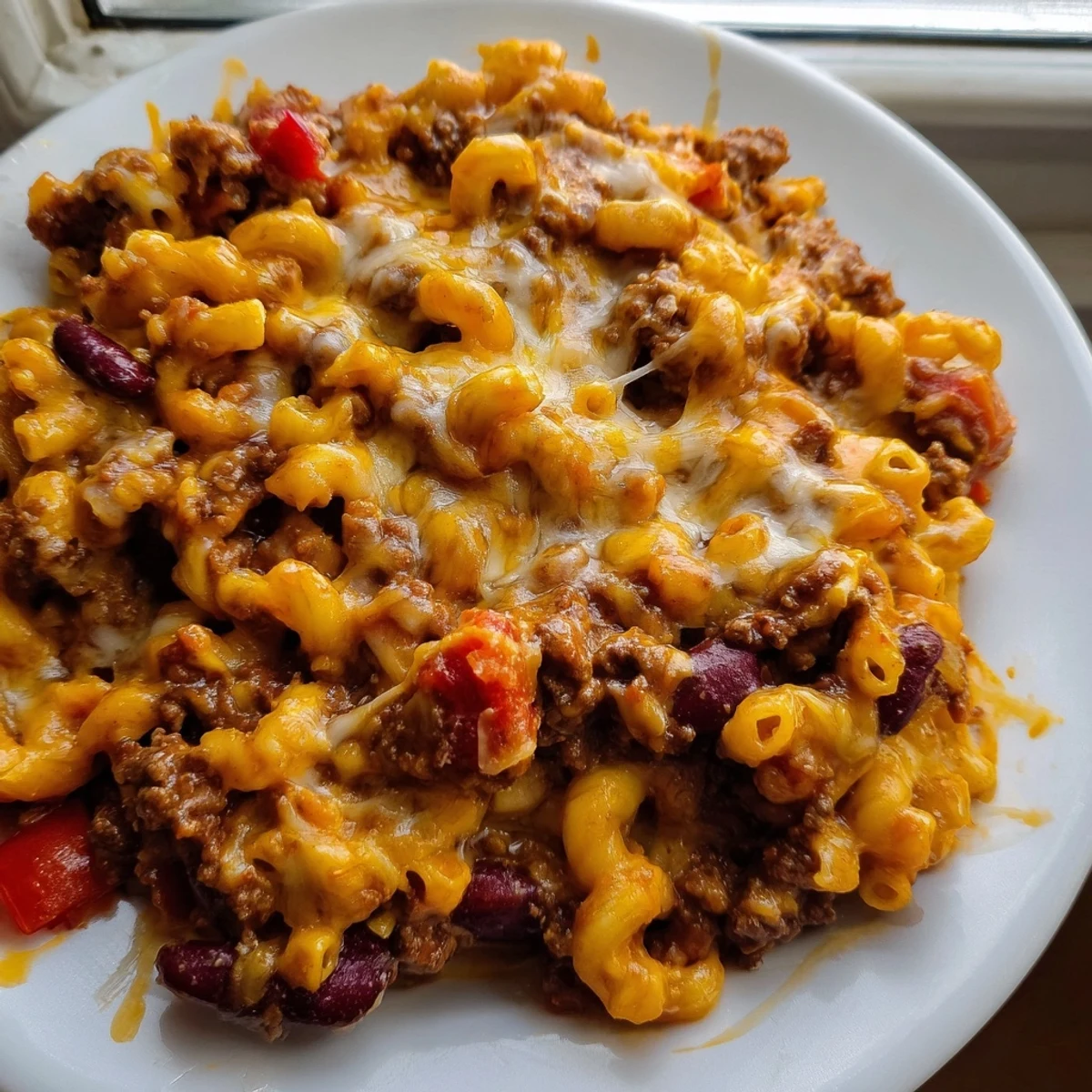 Golden baked Chili Mac and Cheese featuring tender macaroni mixed with seasoned ground beef and a cheesy mozzarella crust