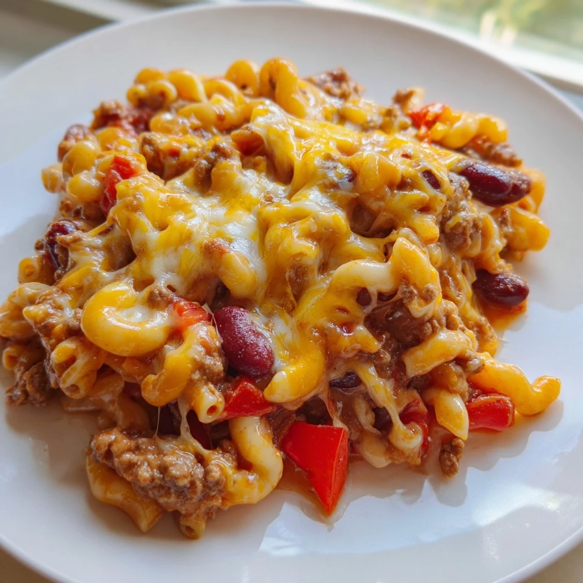Hearty skillet of Chili Mac and Cheese showcasing pasta coated in spiced beef chili and topped with melted cheese