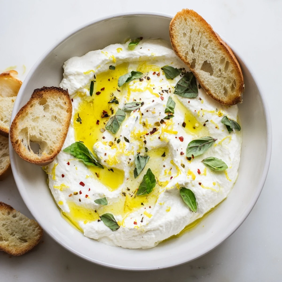 Fluffy whipped ricotta appetizer drizzled with honey and olive oil alongside toasted artisan bread
