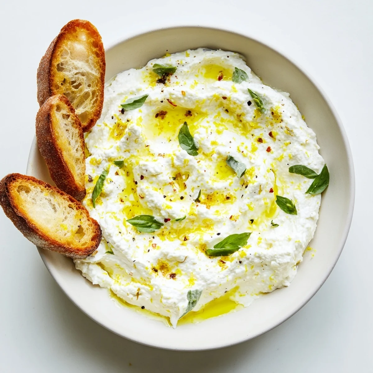 Creamy whipped ricotta spread topped with fresh herbs and lemon zest served on wooden board