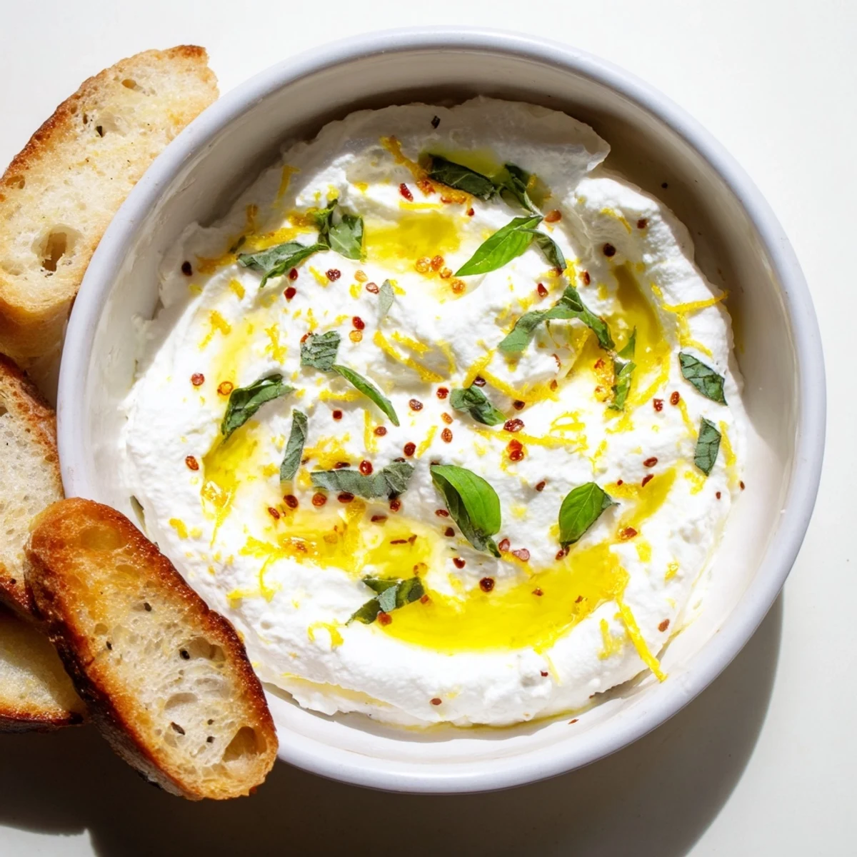 Smooth whipped ricotta bowl garnished with basil and cracked pepper ready for dipping vegetables