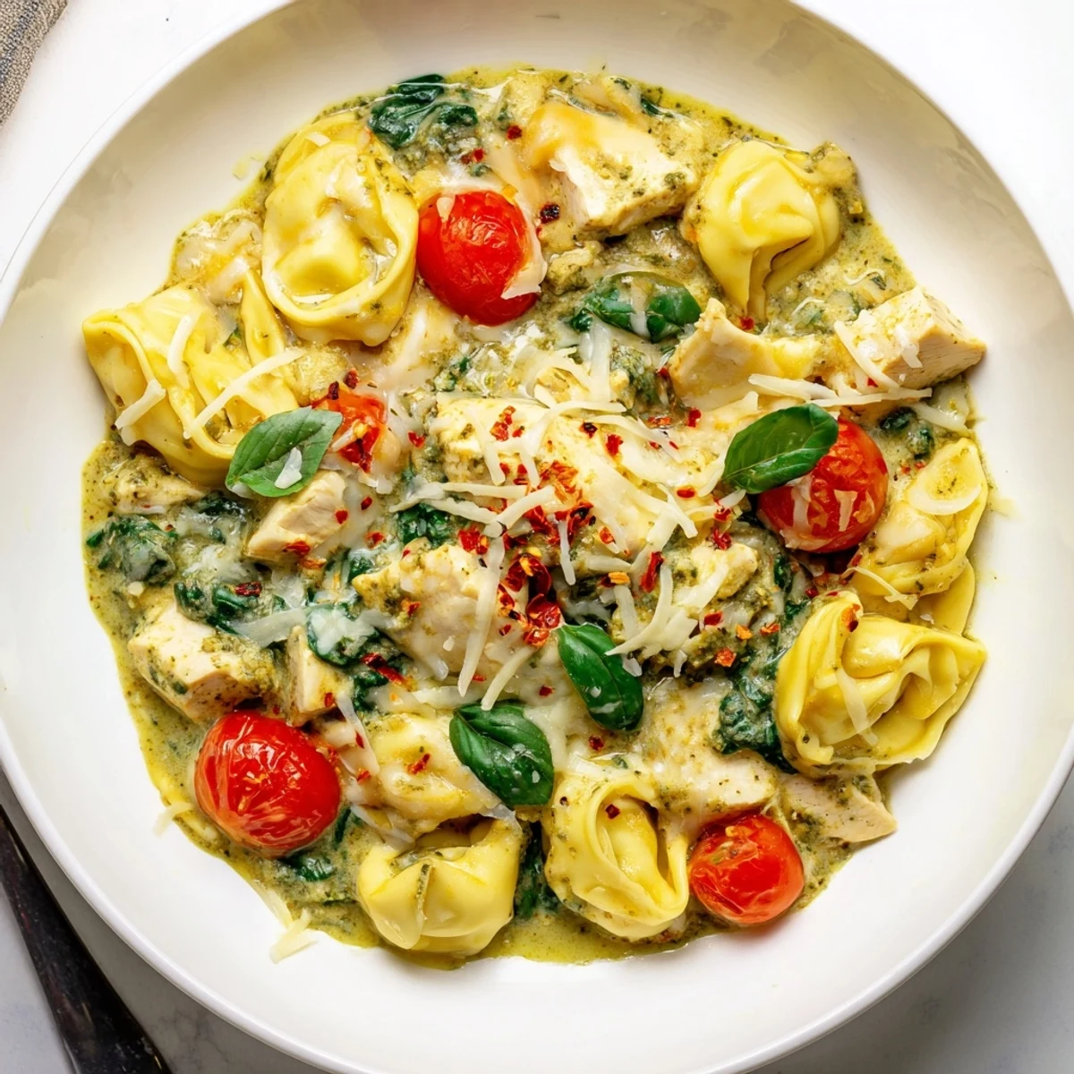 Slow Cooker Tortellini Casserole With Cheesy Chicken Pesto bubbling, creamy, garnished with fresh basil.