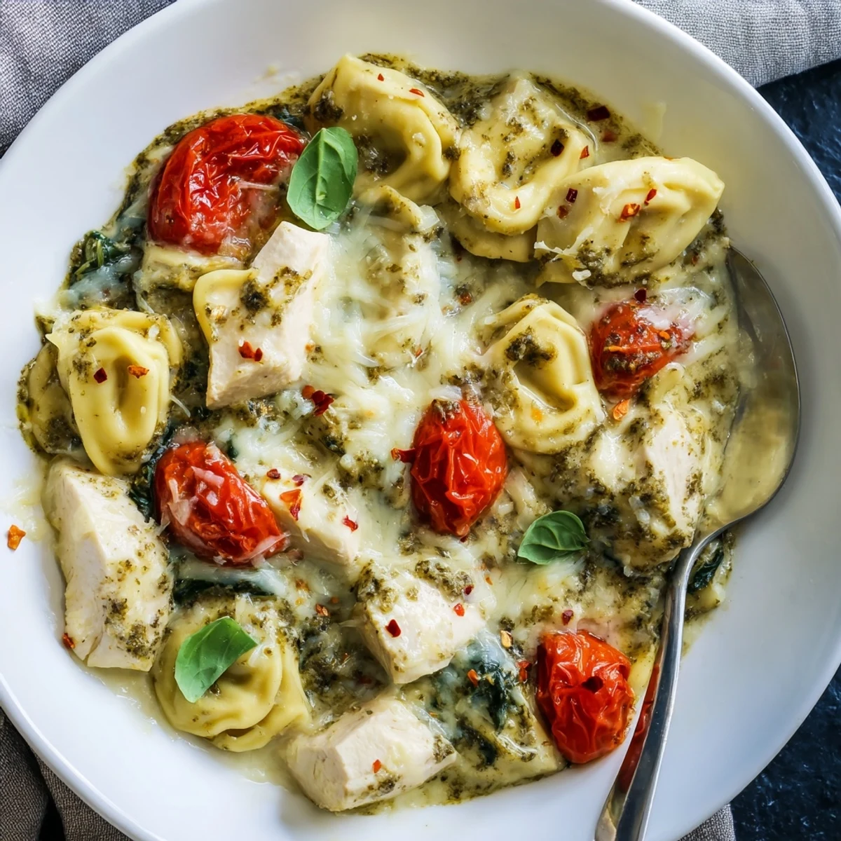 Bubbling, spoon-ready bowl of Slow Cooker Tortellini Casserole With Cheesy Chicken Pesto.