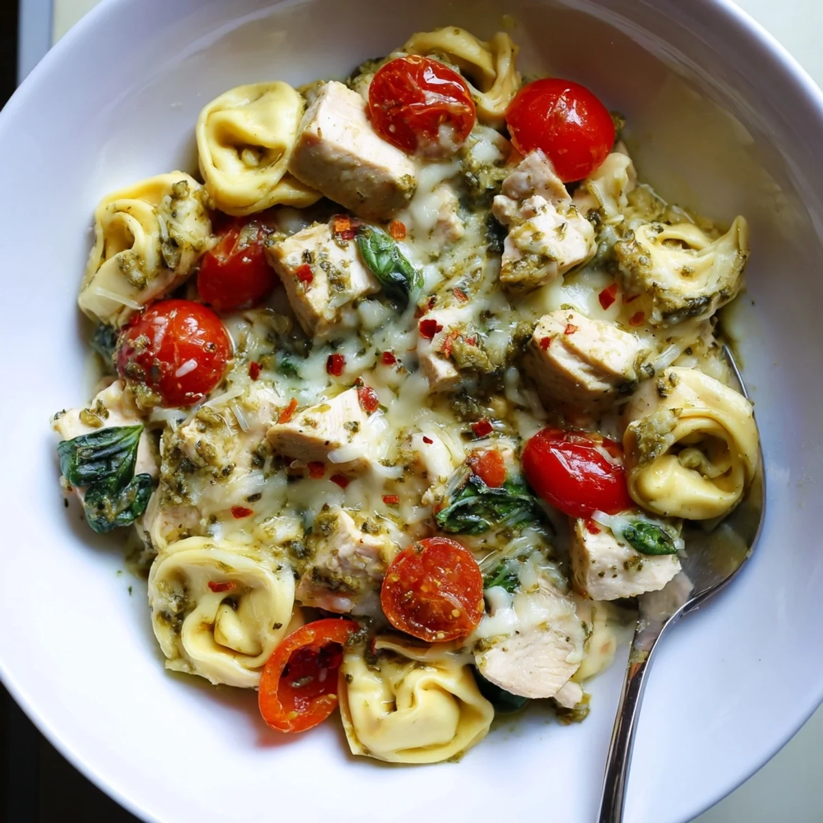 Creamy, herb-sprinkled family-style dinner: Slow Cooker Tortellini Casserole With Cheesy Chicken Pesto.