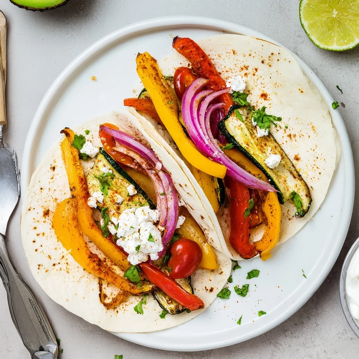Roasted vegetables and crumbled feta in Tajin Feta Sheet Pan Fajitas, zesty