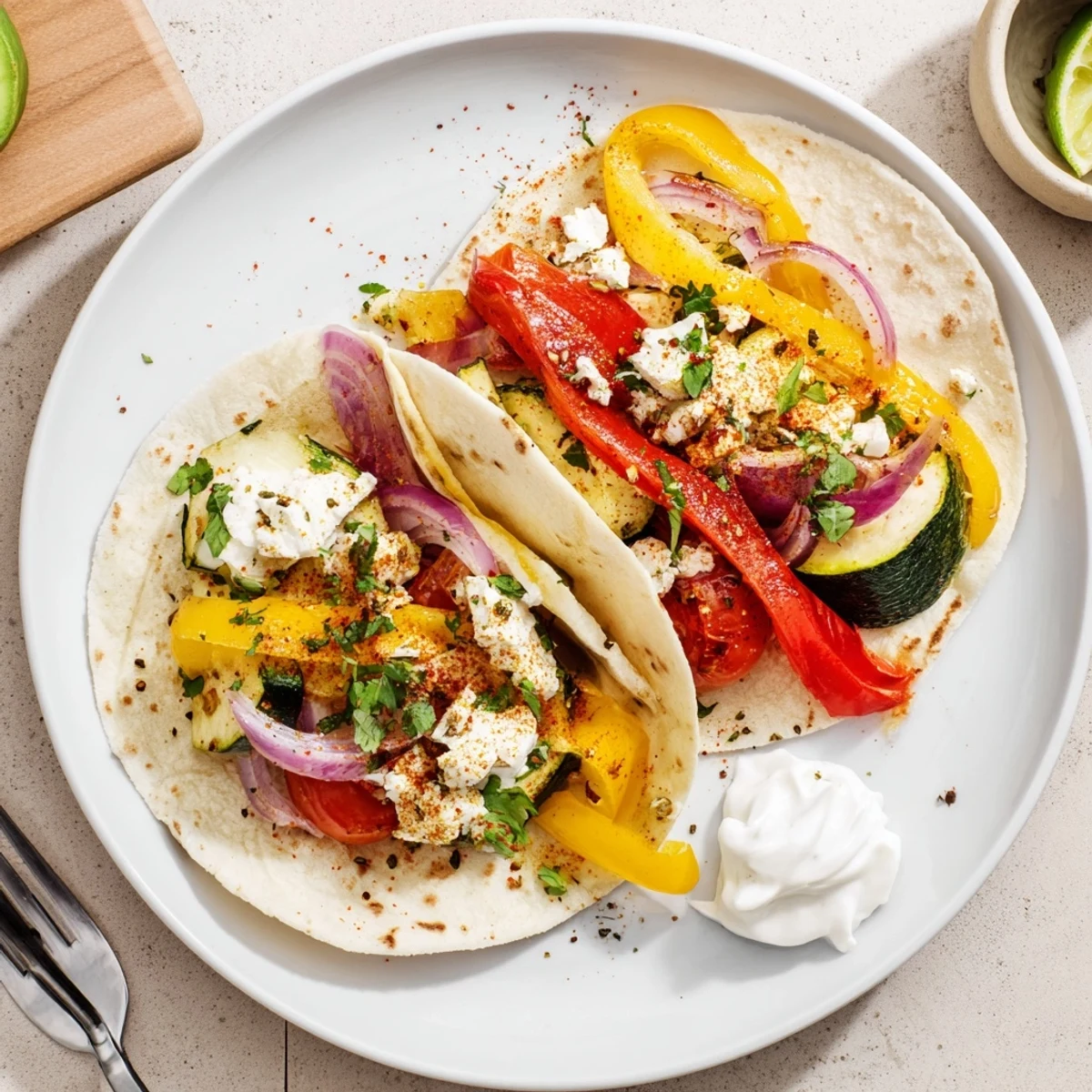 Tajin Feta Sheet Pan Fajitas piled on warm tortillas, cilantro and lime