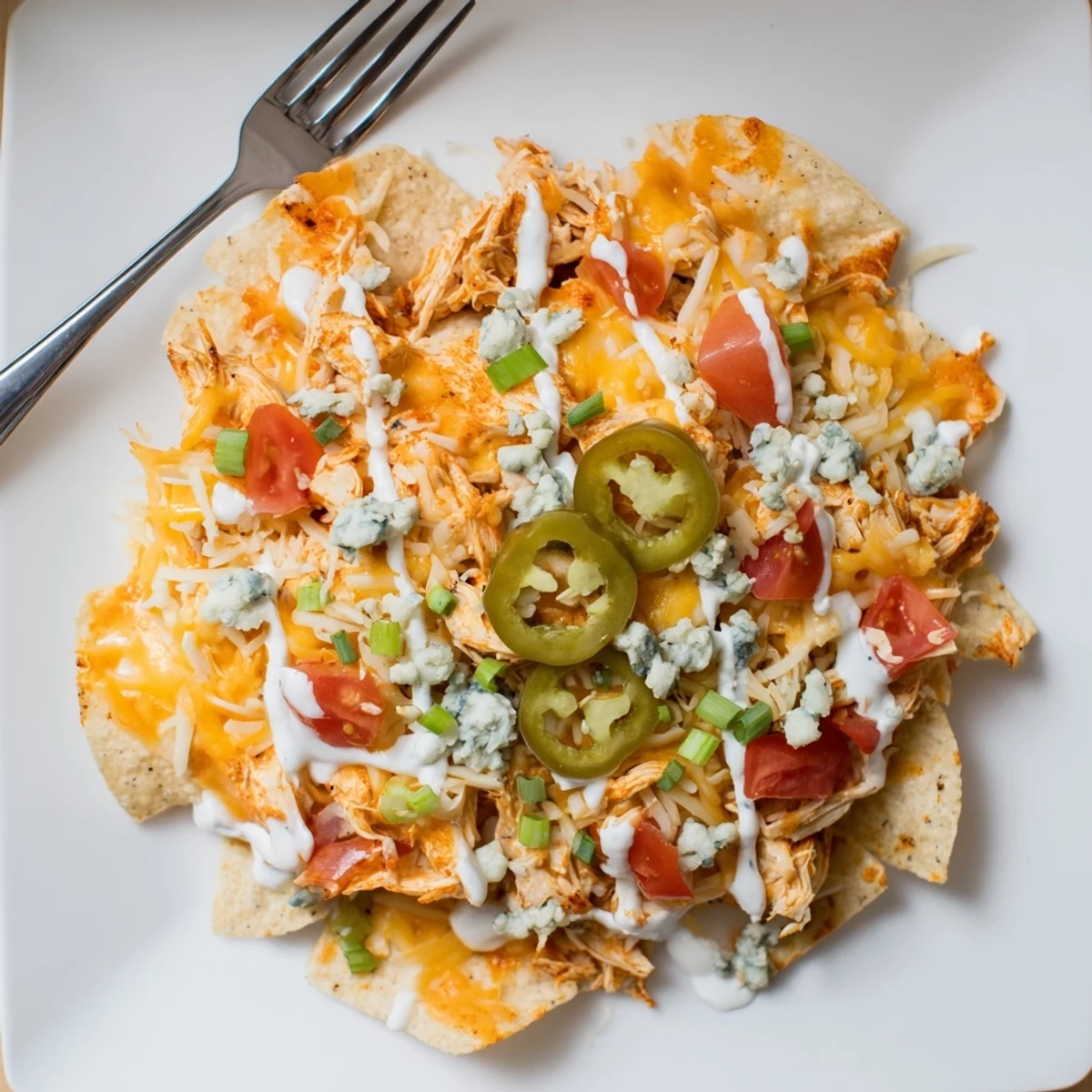 Crispy Buffalo Chicken Nachos fresh from oven, bubbling cheese and jalapeño slices
