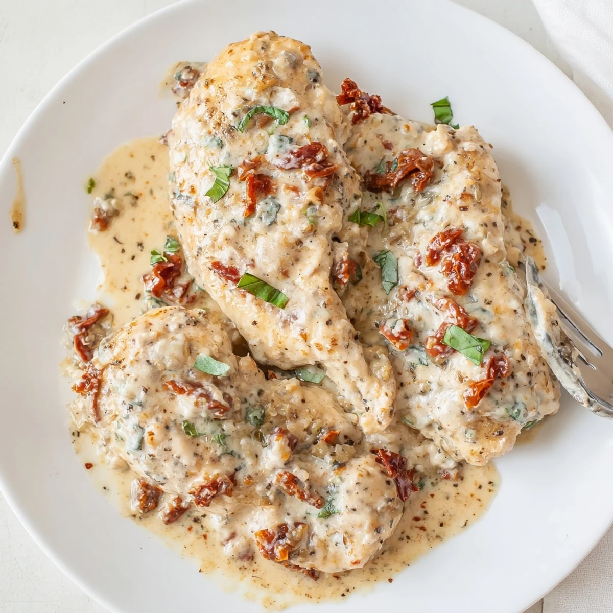 Hearty Dump And Go Crockpot Marry Me Chicken with garlic cream and basil garnish