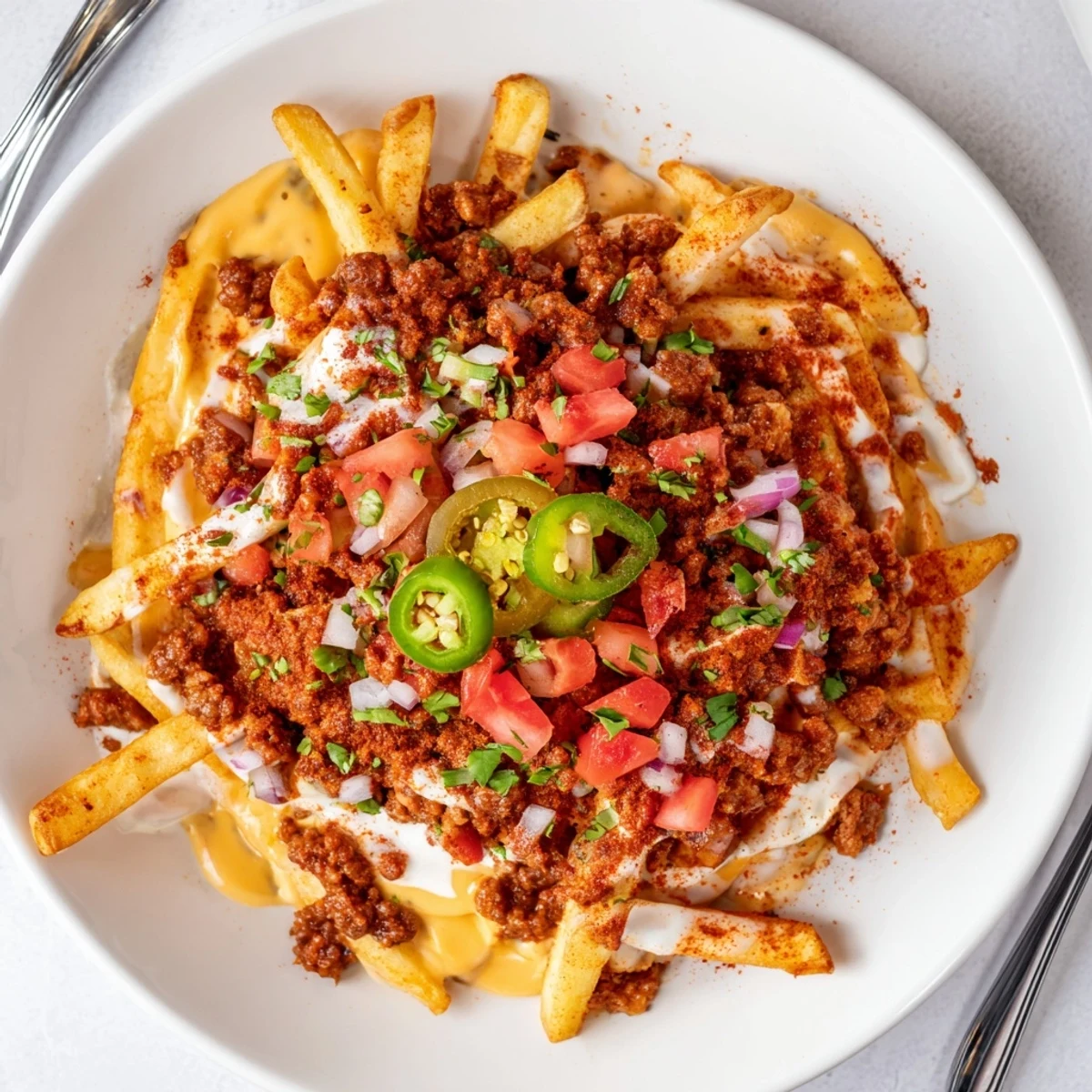 Chorizo Queso Dip Fries piled hot, gooey cheese and spicy crumbled chorizo
