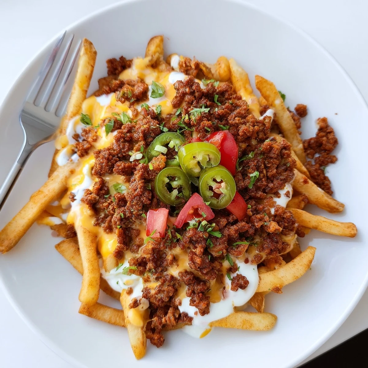 Crispy Chorizo Queso Dip Fries topped with cilantro, jalapeño slices, sour cream