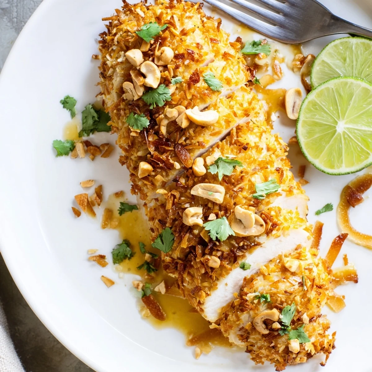 Pan-seared Coconut Chicken With Apricot Sauce resting on jasmine rice, lime wedge