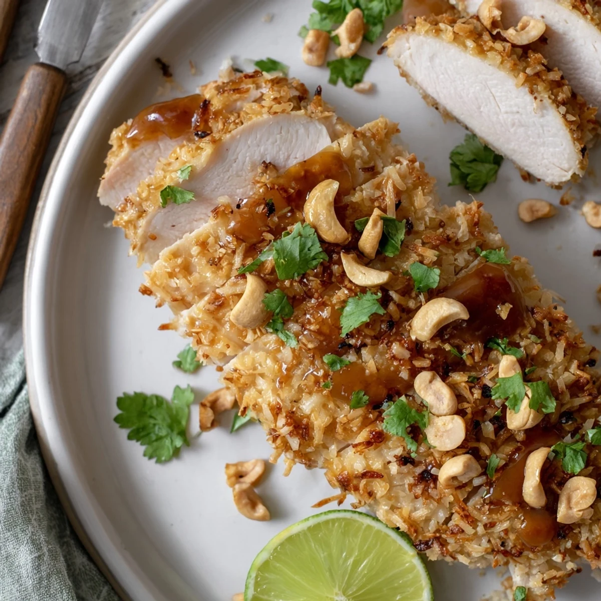 Baked Coconut Chicken With Apricot Sauce, crunchy coconut coating and cilantro garnish