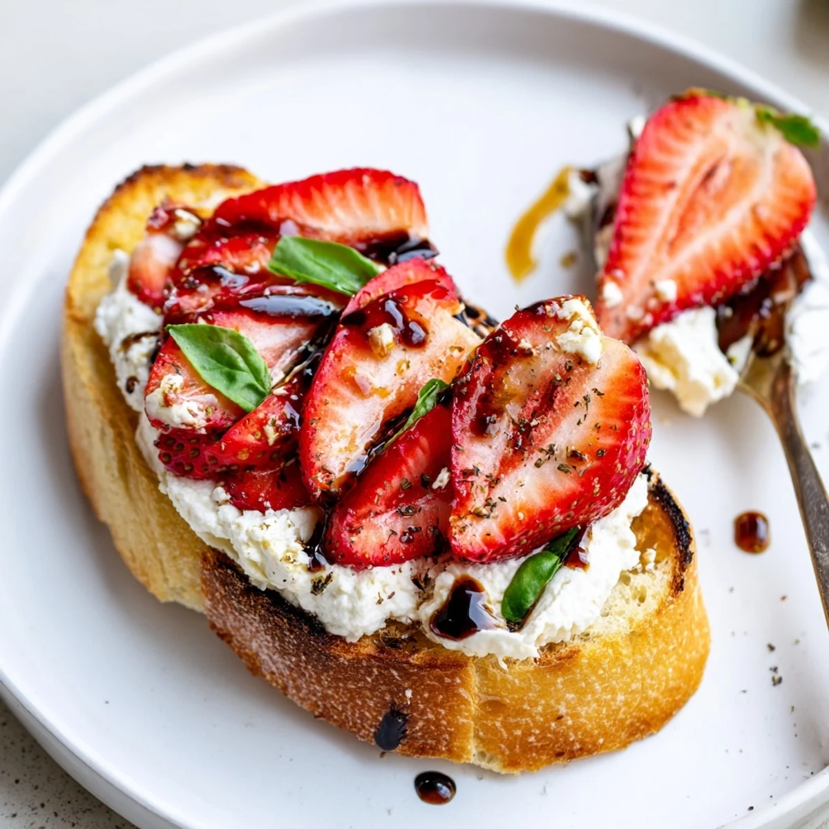 Toasted baguette slice with Strawberry Ricotta Bruschetta, creamy ricotta and basil.