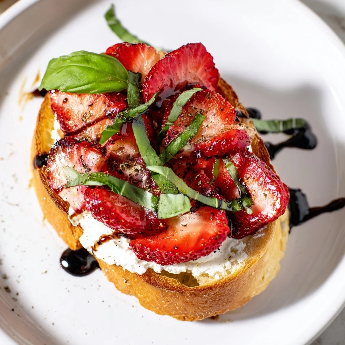 Strawberry Ricotta Bruschetta drizzled with balsamic glaze, honey, and cracked black pepper.