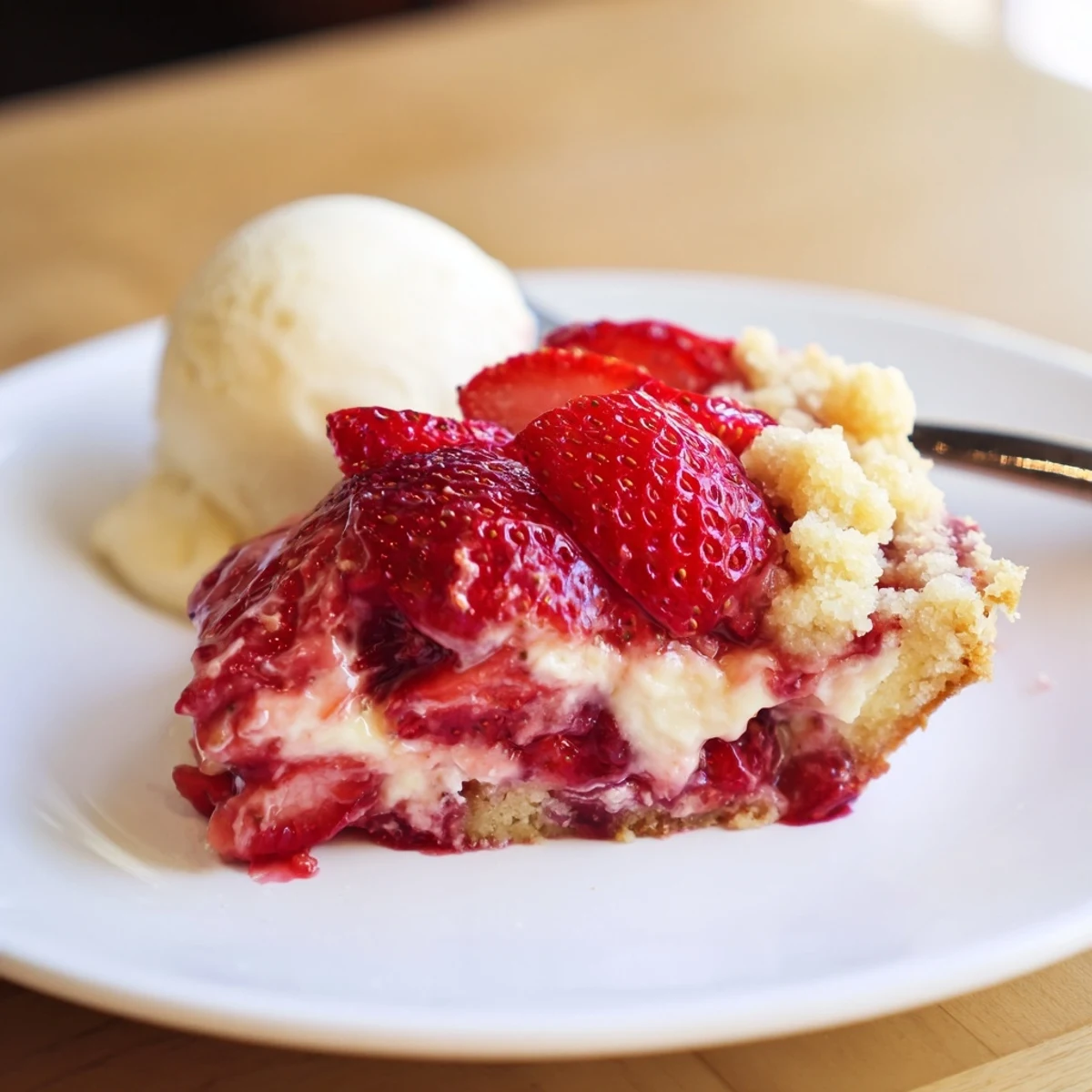Strawberry Cheesecake Dump Cake bubbling with glossy filling, golden buttery crumb