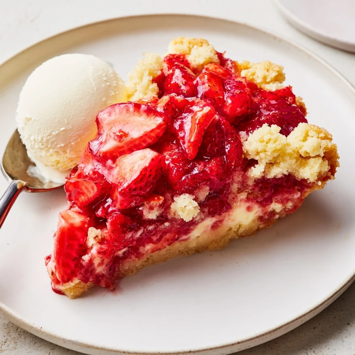 Warm Strawberry Cheesecake Dump Cake slice served with melting vanilla ice cream