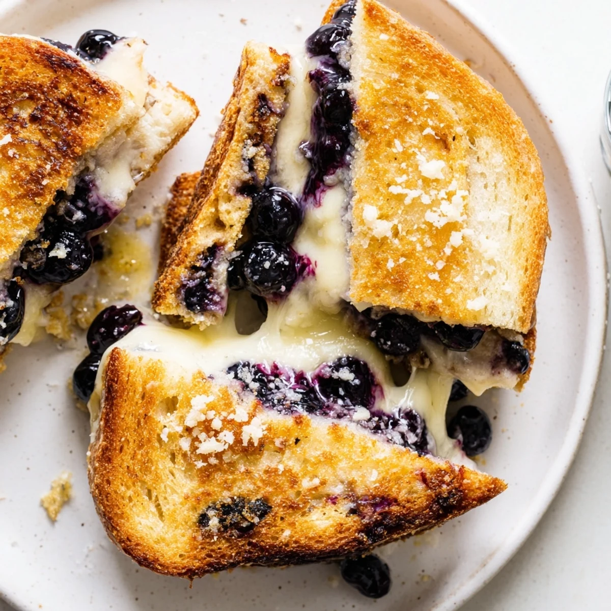 Crispy Blueberry Grilled Cheese with golden crust, melted cheddar oozing, berries bursting