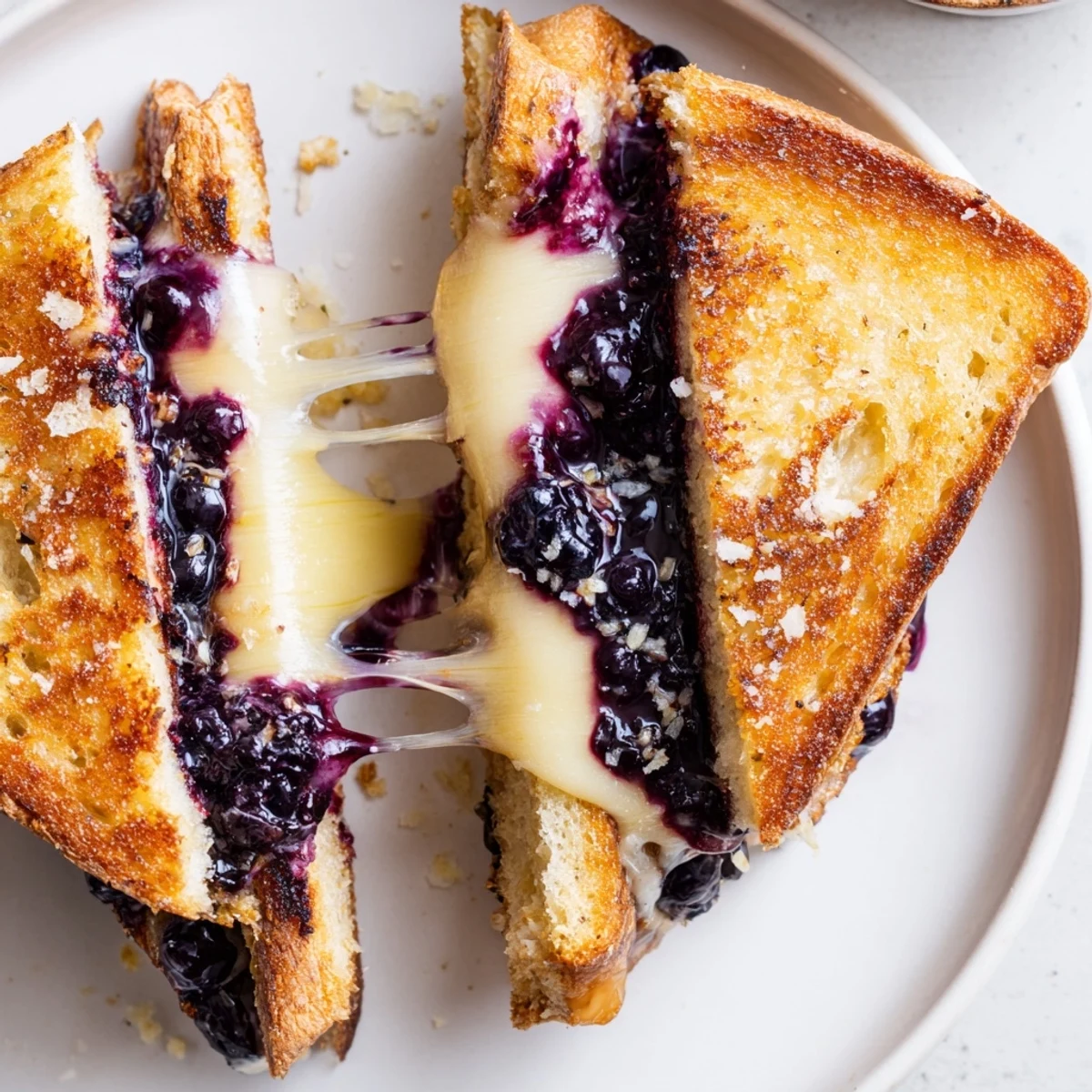Serve Crispy Blueberry Grilled Cheese hot with thyme garnish, syrup drizzle optional