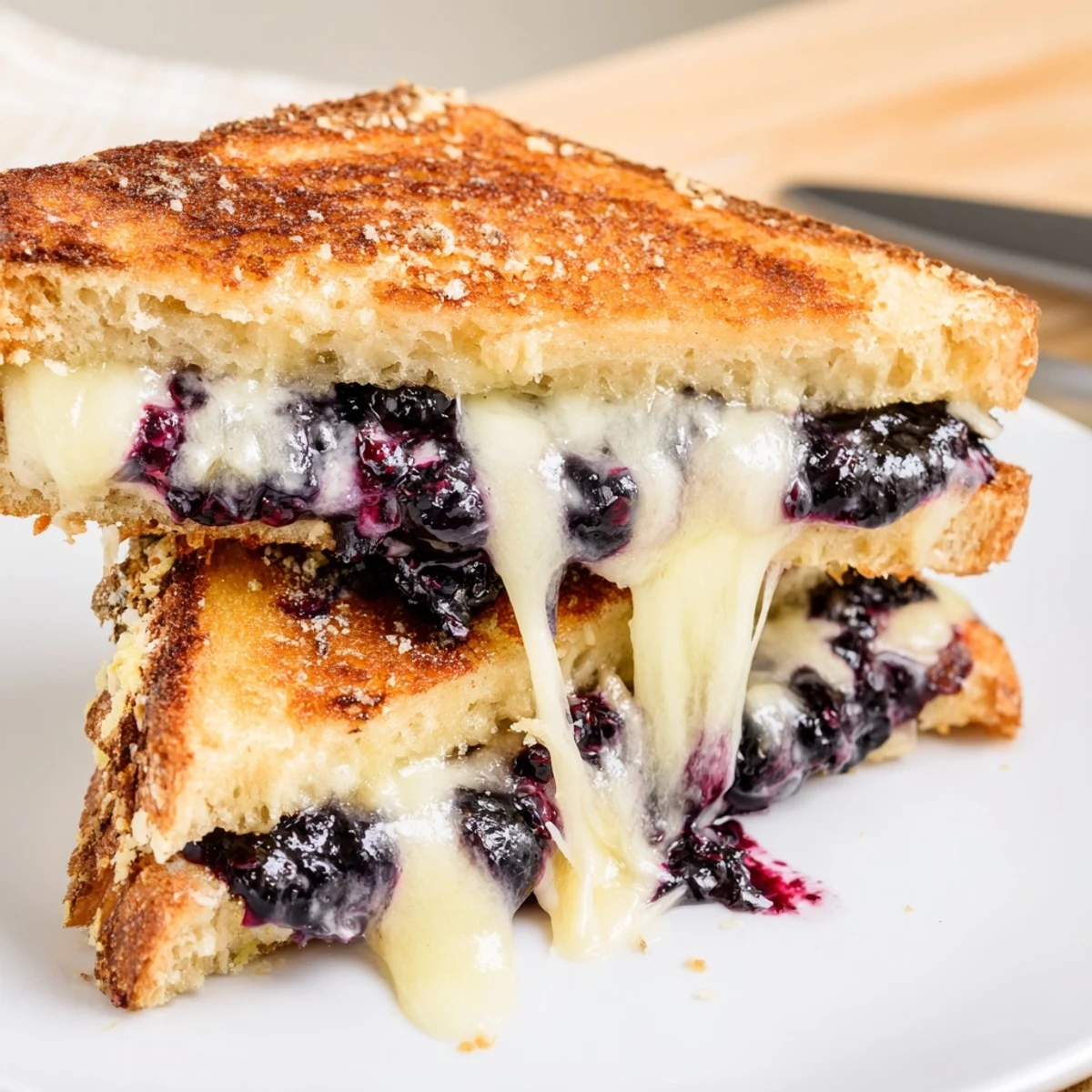 Warm Crispy Blueberry Grilled Cheese sliced on board, buttery, tangy sweet filling