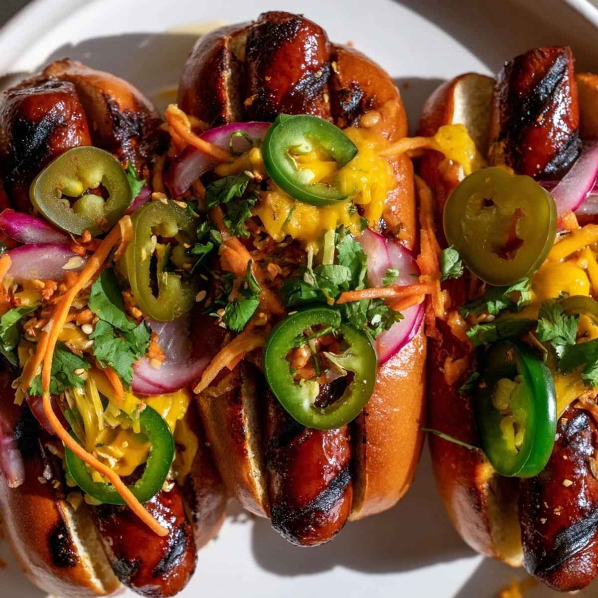 Grilled Spicy Firecracker Hot Dogs in toasted buns topped with crunchy vegetables and mayonnaise