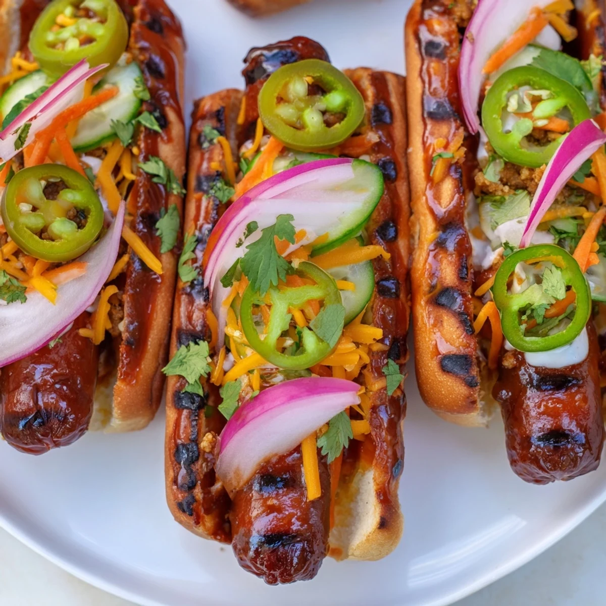 Toasted Spicy Firecracker Hot Dogs loaded with cheddar cheese, jalapeños, and fresh cilantro