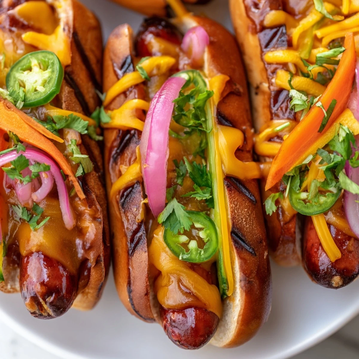 Golden Spicy Firecracker Hot Dogs garnished with pickled jalapeños, red onion, and shredded cheese