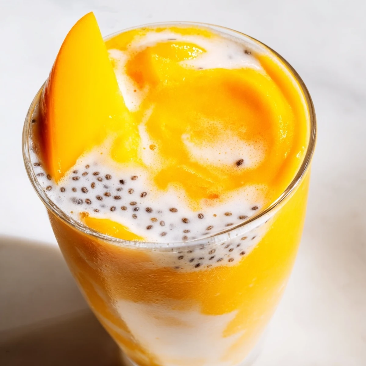 Tropical Sunrise Protein Smoothie recipe poured into two glasses topped with chia seeds and fruit