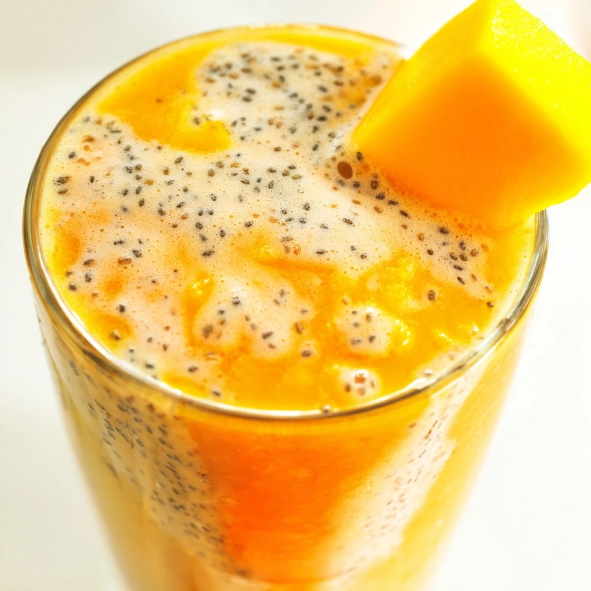 Thick creamy Tropical Sunrise Protein Smoothie blended with mango pineapple and banana in clear glass