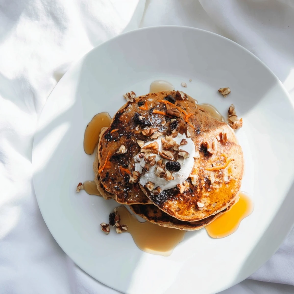 Warm spiced carrot cake pancakes loaded with grated carrots and pecans on a white plate