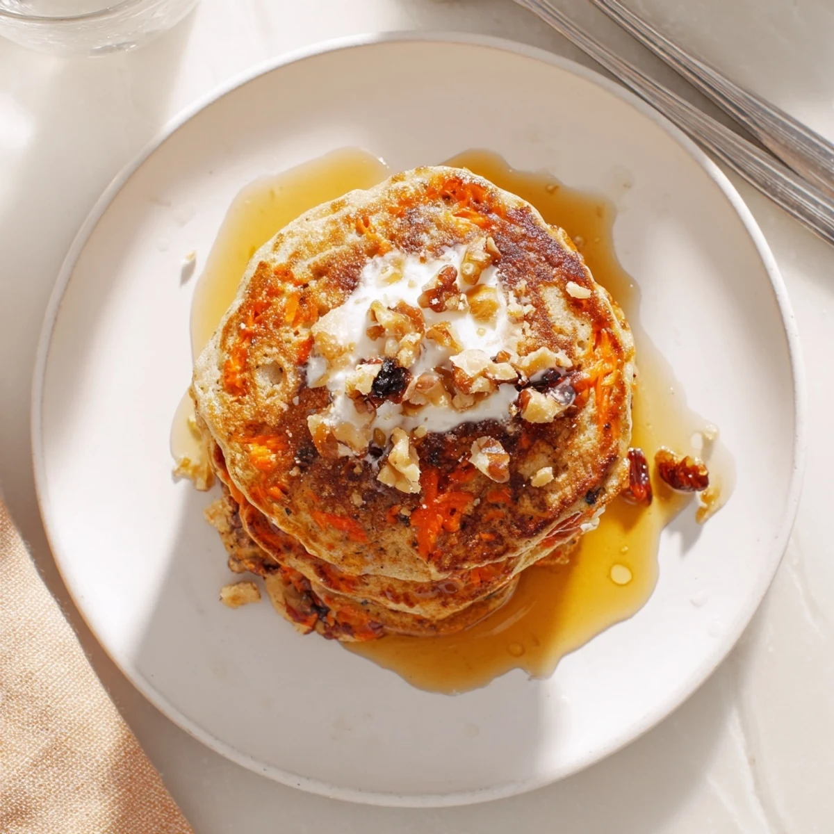 Golden stack of fluffy carrot cake pancakes drizzled with maple syrup and topped with chopped walnuts