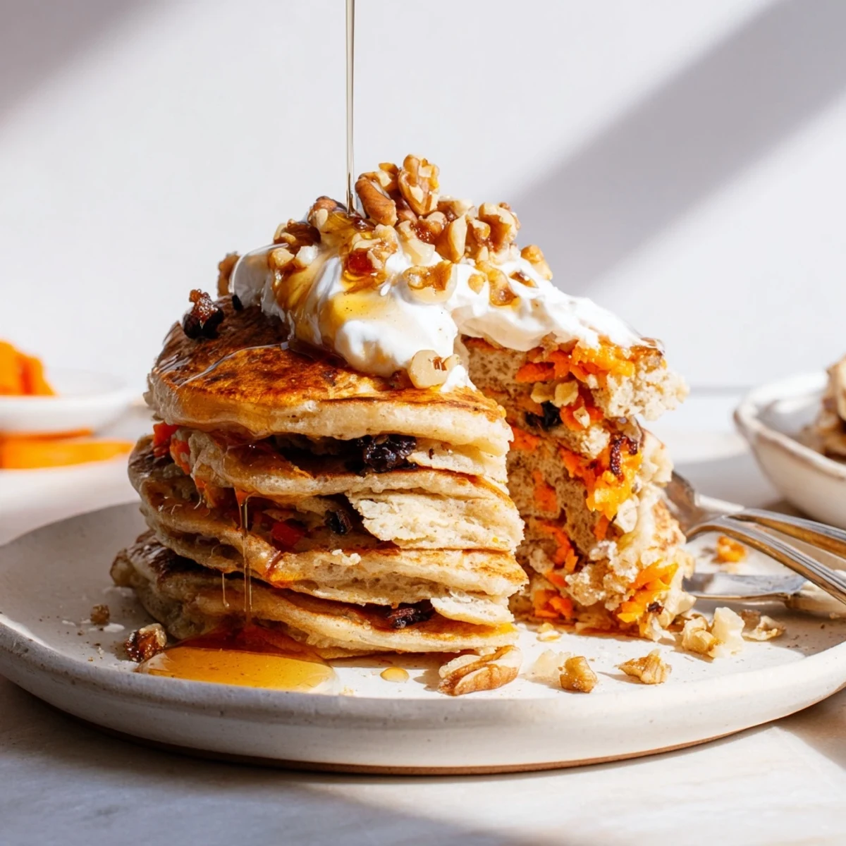 Homemade carrot cake pancakes with cream cheese glaze and fresh orange zest garnish for breakfast