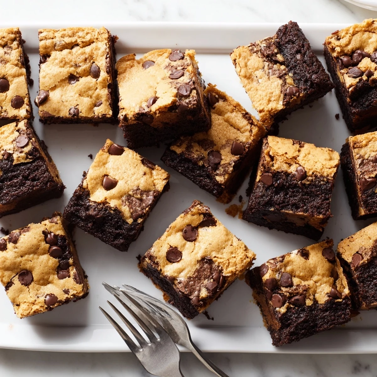 Golden-baked pan of Fudgy Chewy Brookies with fudgy brownie base and chocolate chip cookie topping layers