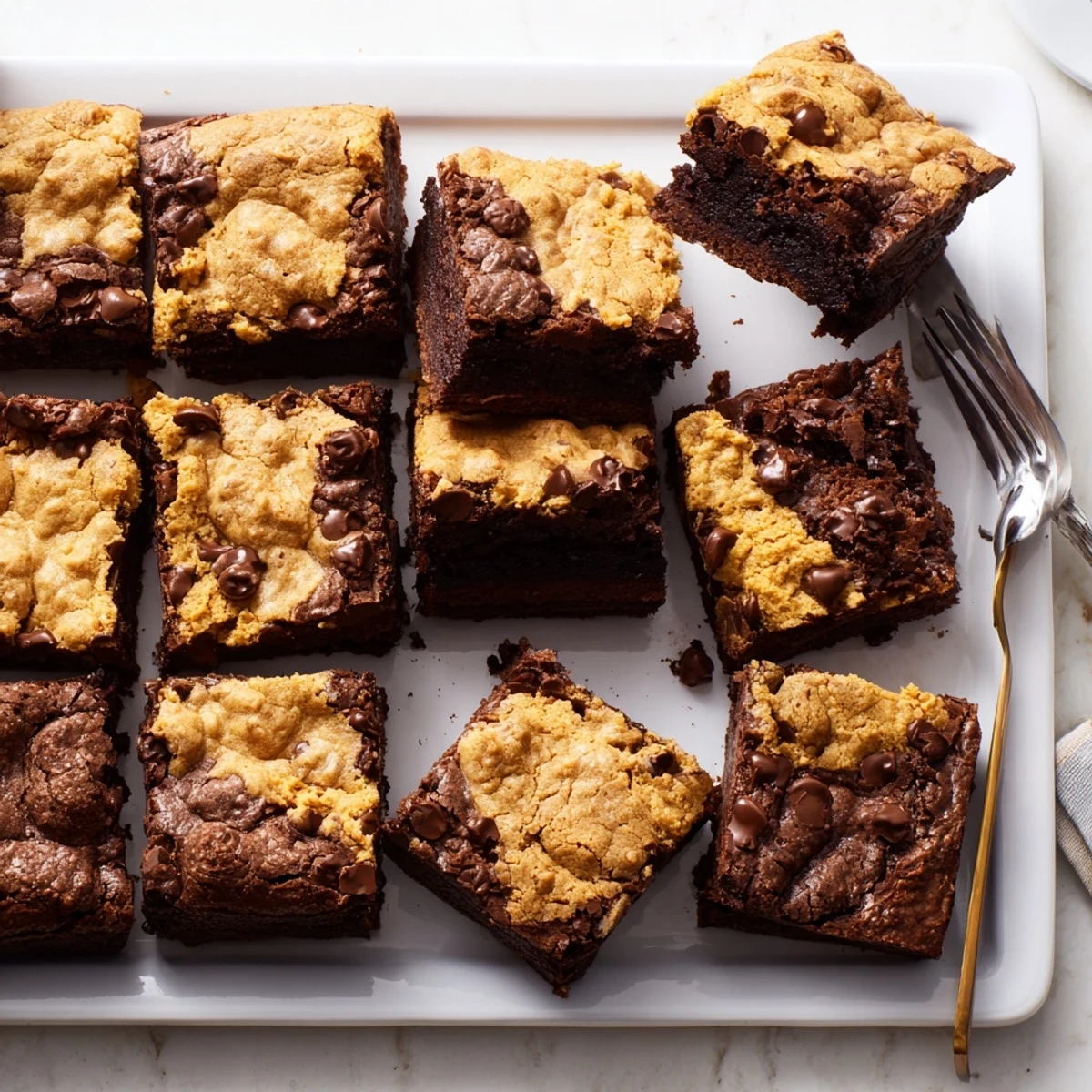 Homemade Fudgy Chewy Brookies showcasing swirled layers of chocolate brownie and cookie dough with melted chips