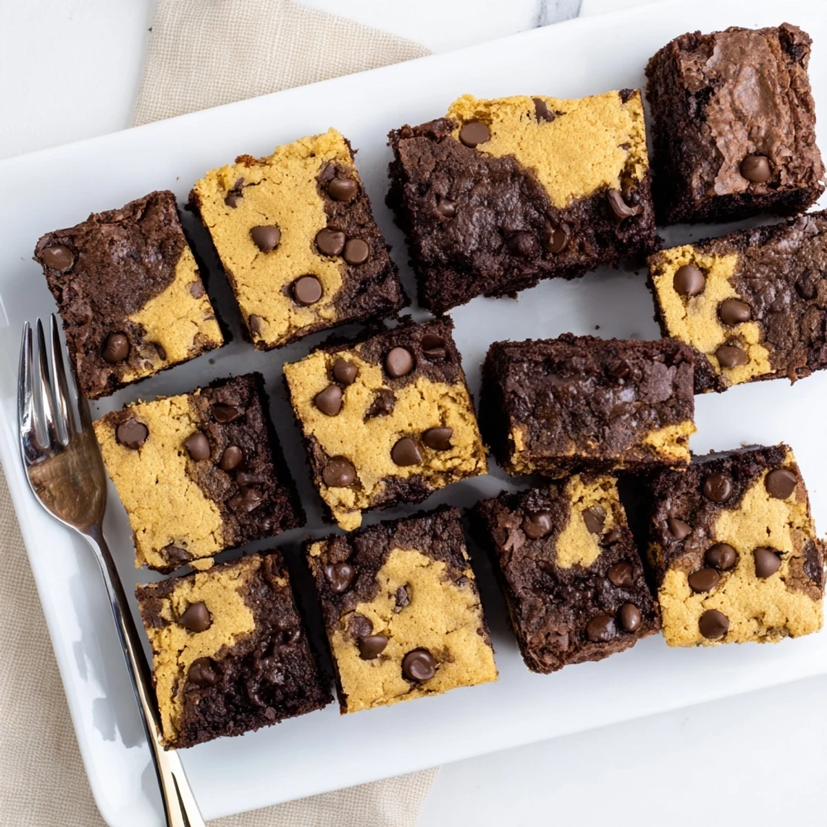 Freshly baked Fudgy Chewy Brookies cut into squares displaying the dual chocolate cookie brownie marbled texture
