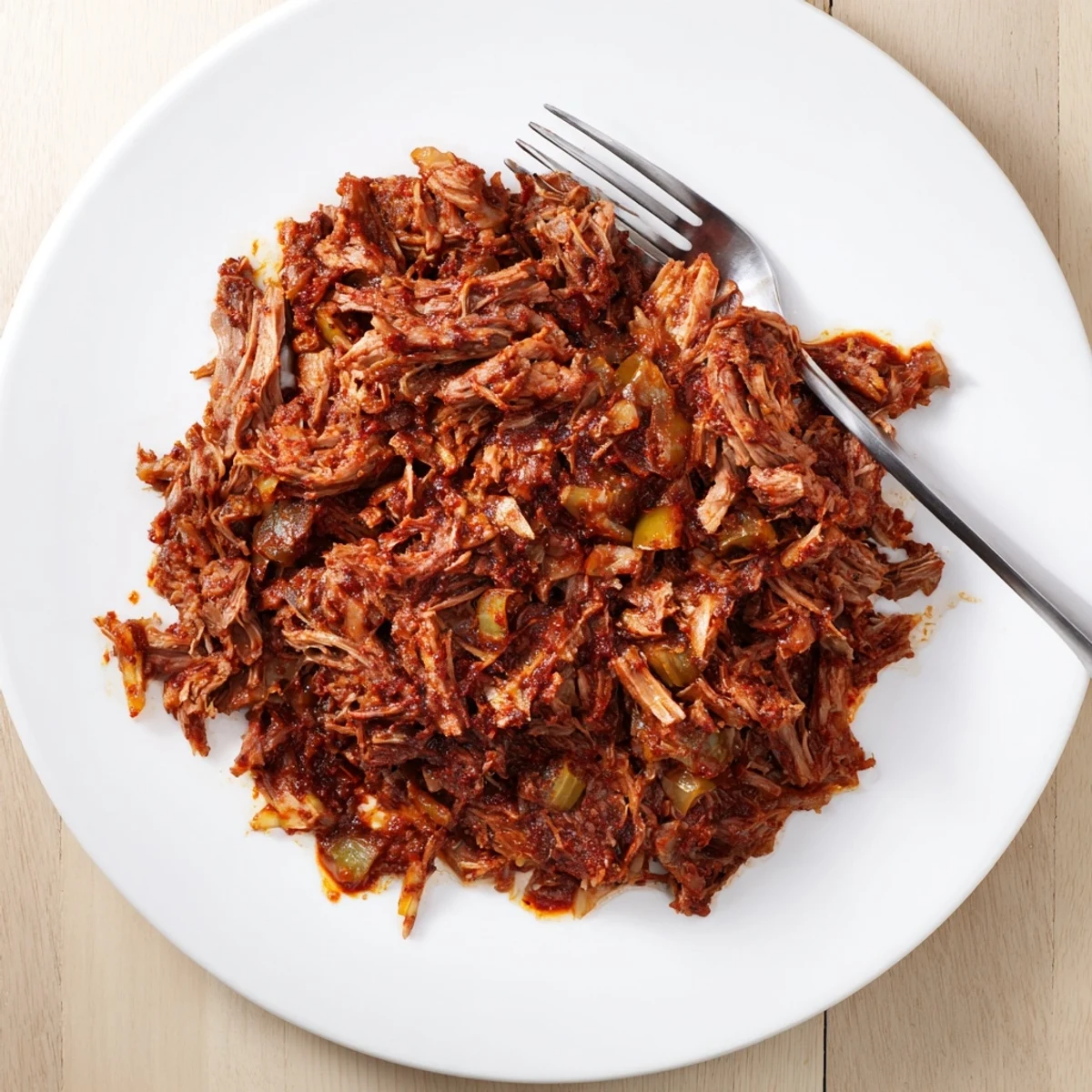 Flavorful slow cooker beef barbacoa piled high with shredded texture and rich dark sauce