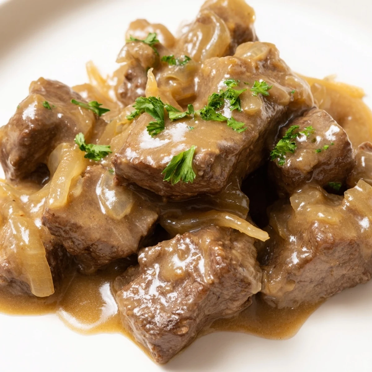 Golden brown country style smothered cube steak swimming in rich onion gravy over mashed potatoes