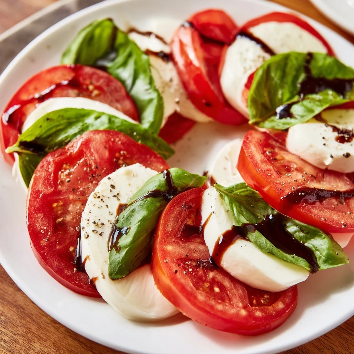 Caprese Salad Recipe with ripe tomatoes, creamy mozzarella, basil and balsamic drizzle