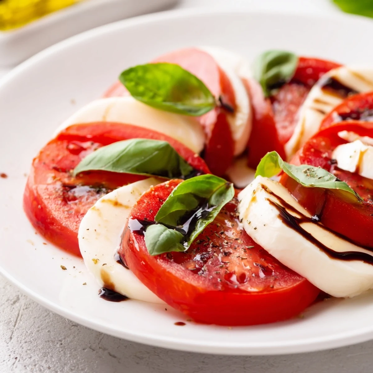 Bright Caprese Salad Recipe arranged on platter, olive oil sheen, fresh basil