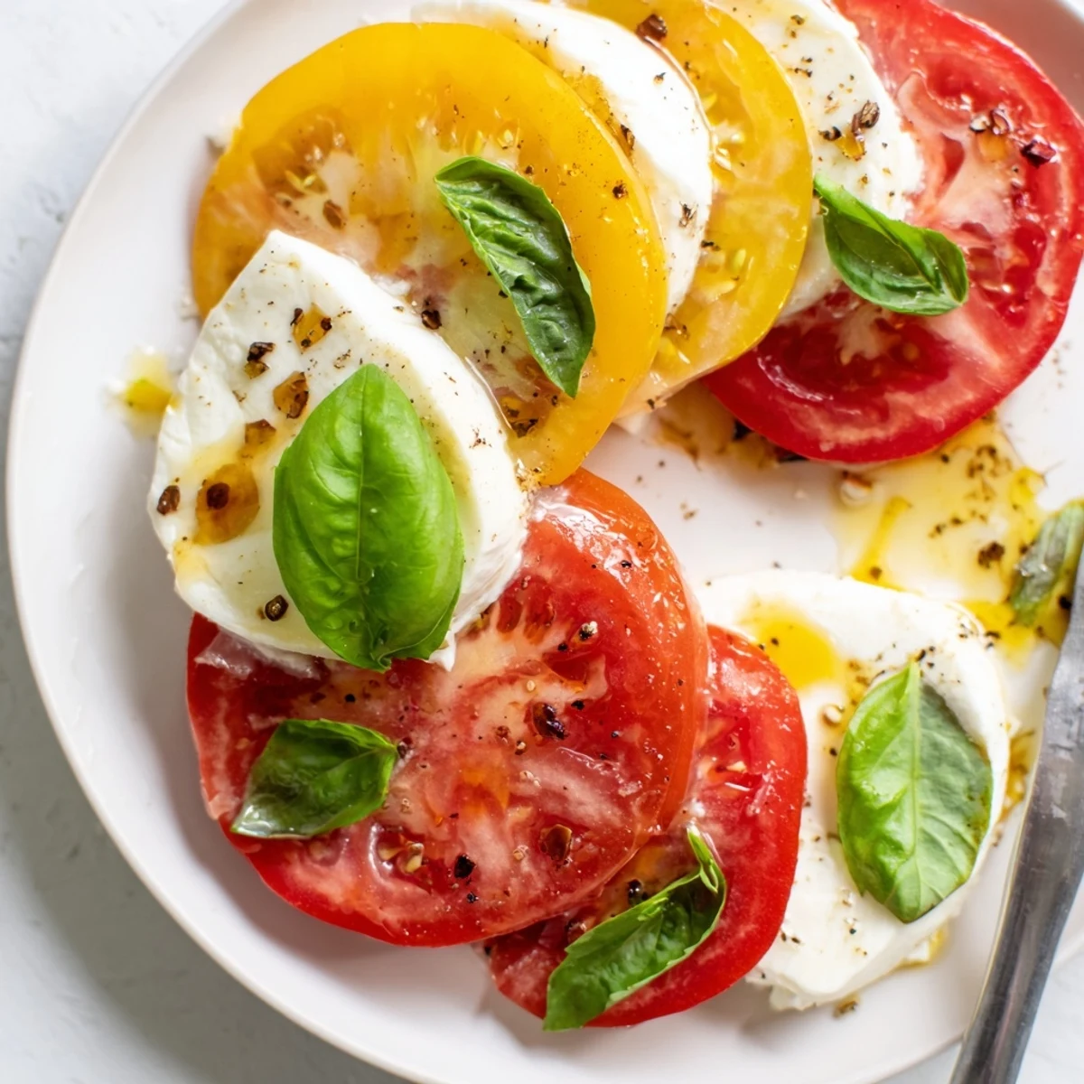 Caprese Salad of layered ripe tomatoes and mozzarella drizzled with olive oil.
