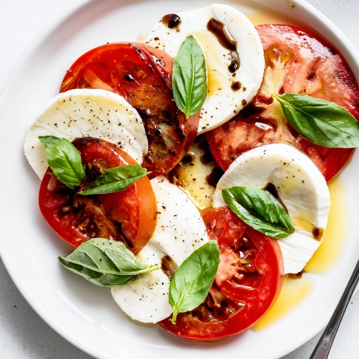 Caprese Salad served at room temperature, fragrant basil and flaky sea salt.