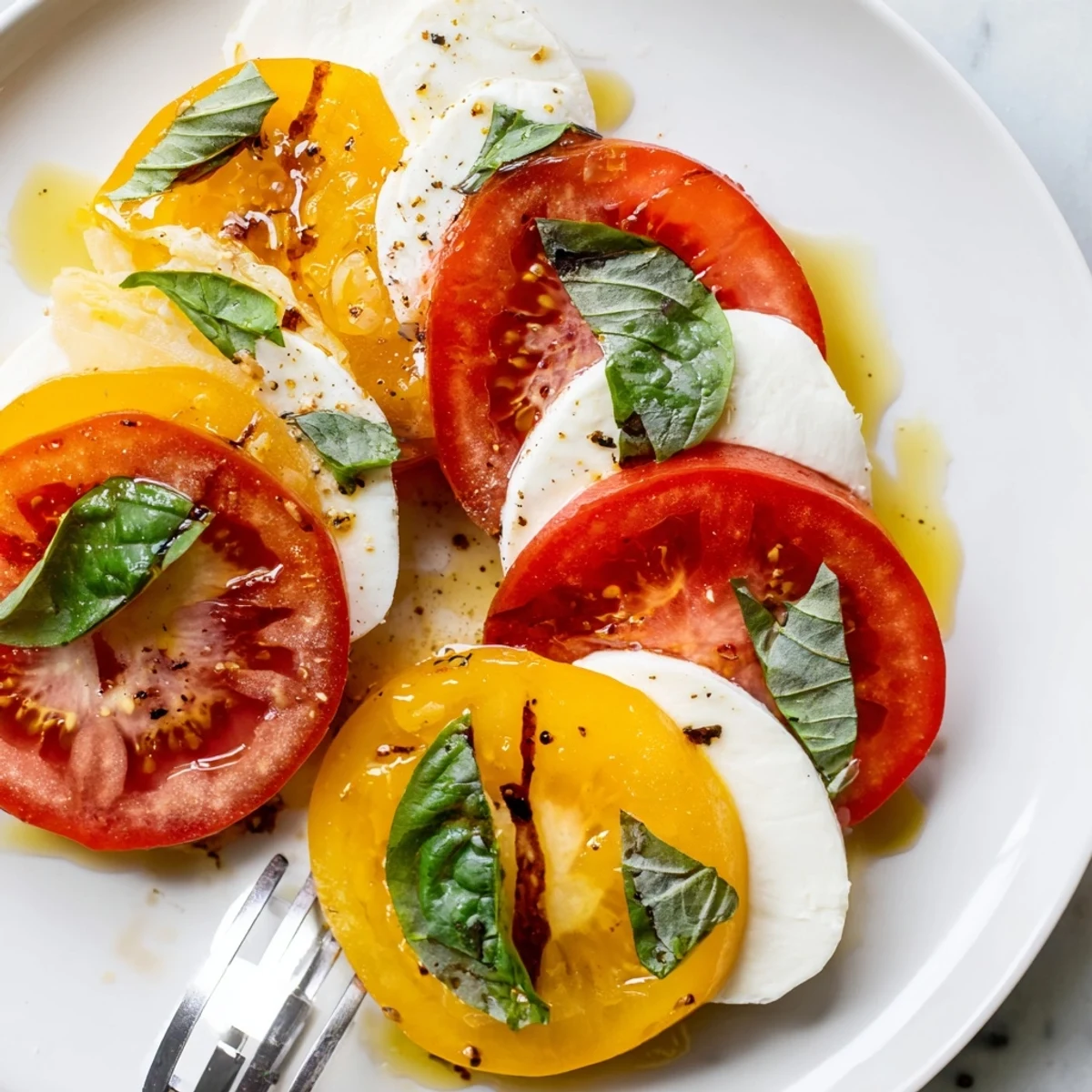 Platter of sliced Caprese Salad with basil tucked between and balsamic drizzle.