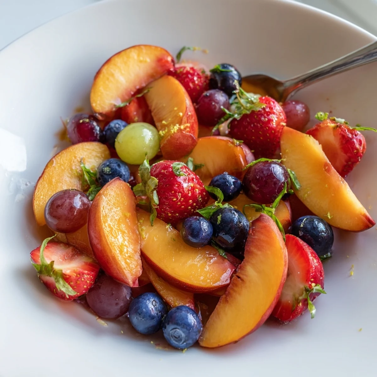 Bowl of Honey Lime Basil Peach Fruit Salad bursting with citrusy, sweet fruit.