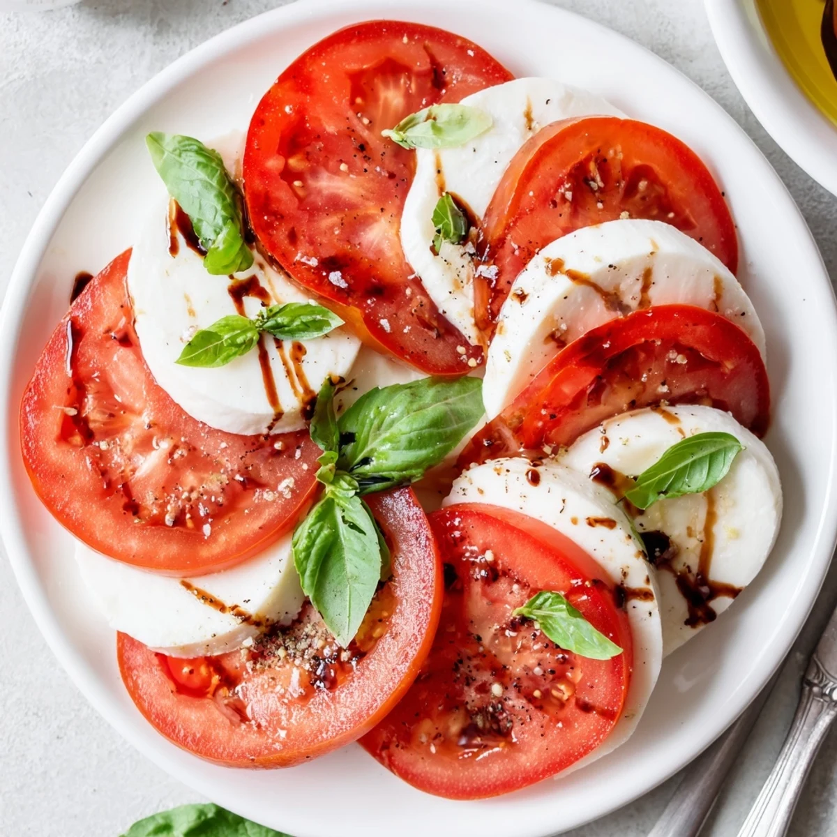 Bright Caprese Salad with juicy tomato, silky mozzarella, basil, olive oil drizzle