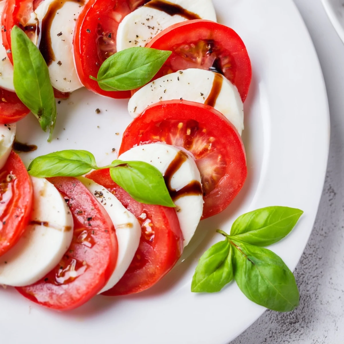 Classic Caprese Salad arranged on platter, fragrant basil tucked between slices