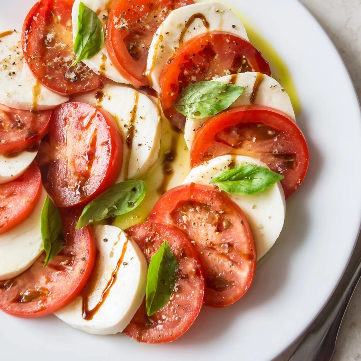 Summer Caprese Salad layered with ripe tomatoes, creamy mozzarella, ready to serve