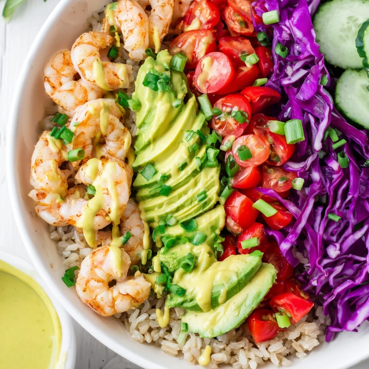Smoky paprika shrimp grain bowl drizzled with tangy lime honey dressing
