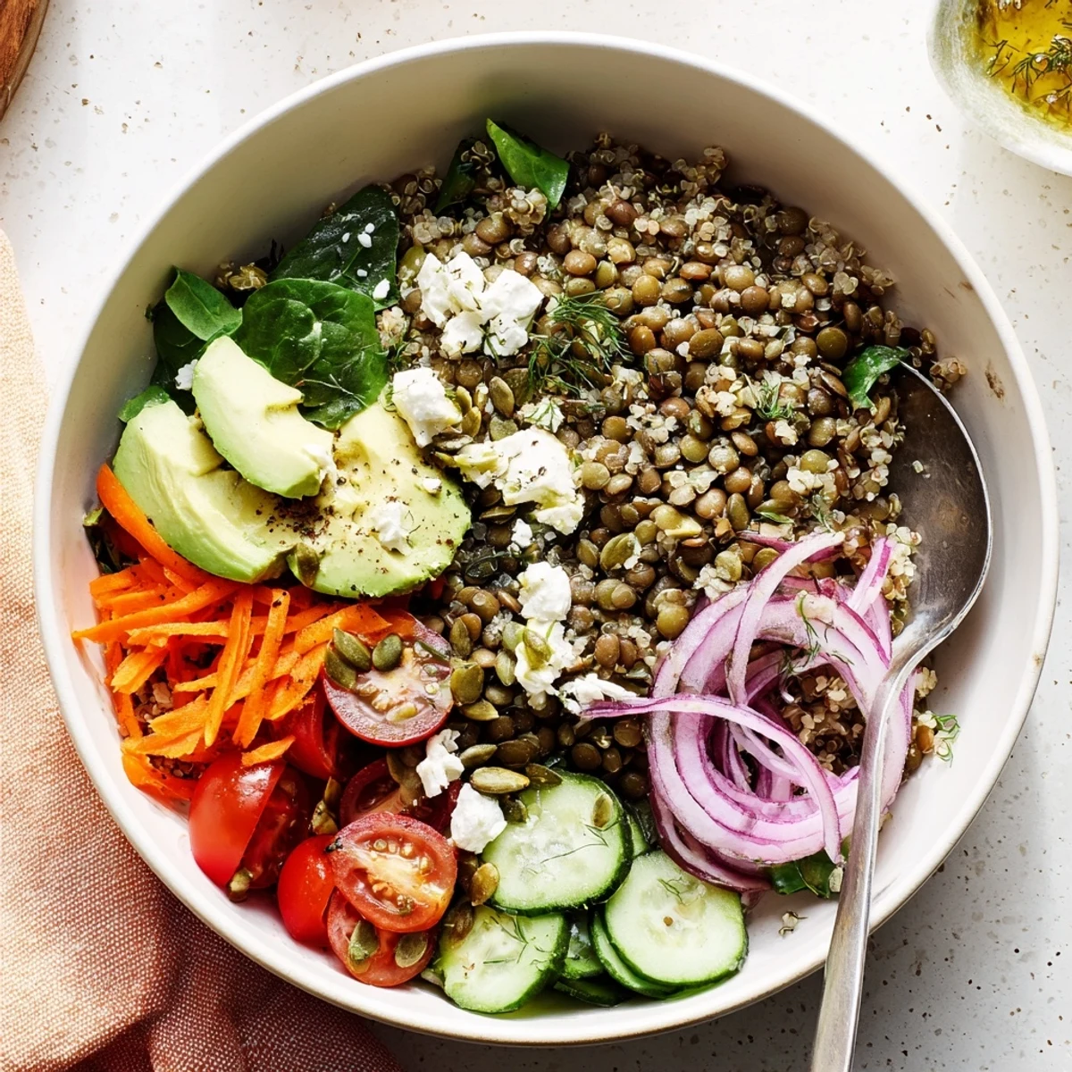 Colorful lentil grain bowl topped with fresh vegetables, herbs, and tangy dressing