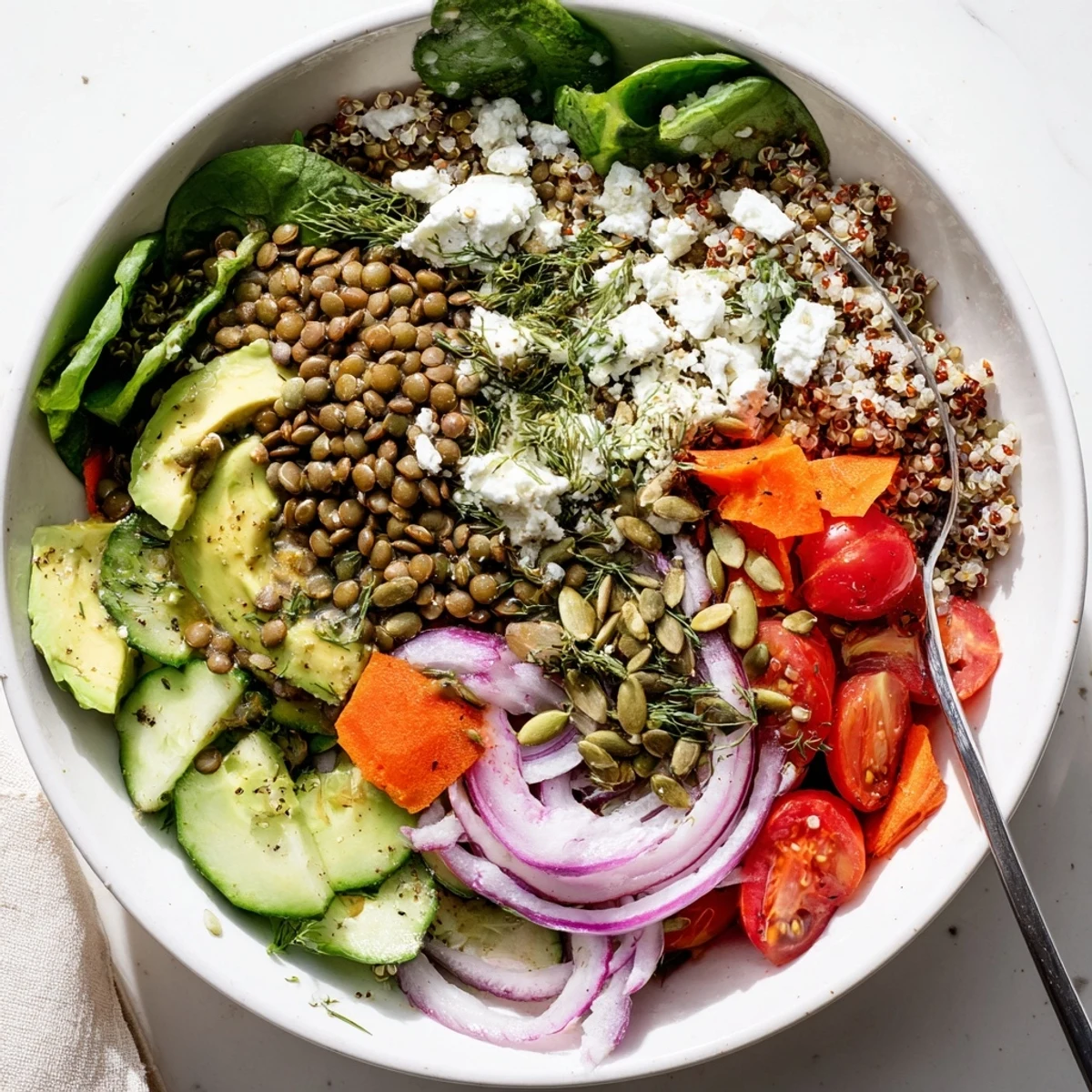 Hearty lentil grain bowl with quinoa, avocado slices, and toasted pumpkin seeds